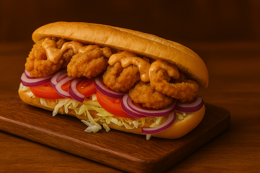 Po’boy de langostinos fritos con lechuga, tomate, cebolla morada y salsa cremosa, servido en pan crujiente en Trikki Madrid.