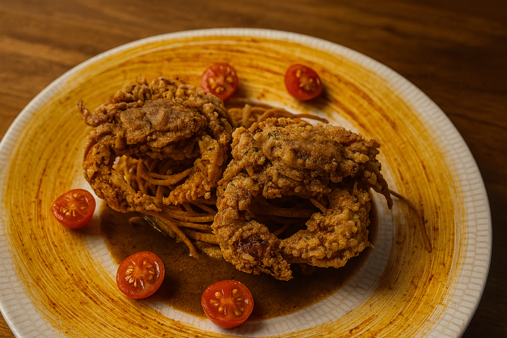 Cangrejo frito servido sobre espaguetis crujientes y acompañado de tomates cherry, presentado en Trikki, restaurante de cocina de Nueva Orleans en Madrid.