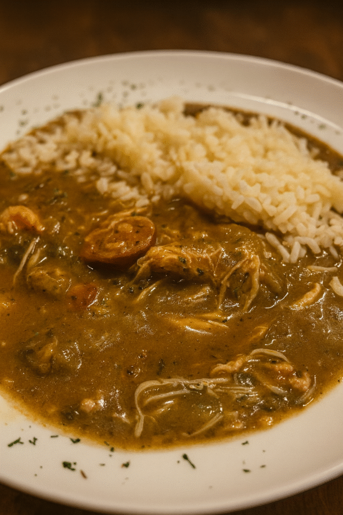 Gumbo cajún del restaurante Trikki en Madrid, guiso de pollo, salchicha andouille y verduras servido con arroz blanco.
