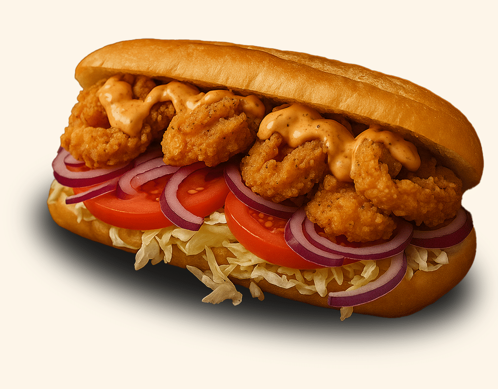 Po’boy de gambas fritas del restaurante Trikki en Madrid, con lechuga, tomate, cebolla morada y salsa cajún.